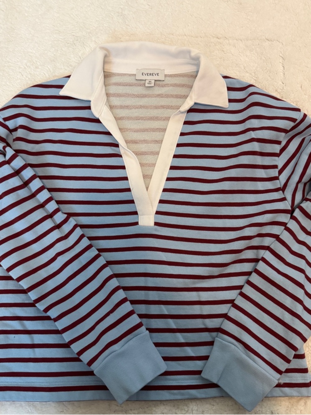 Evereve Light Blue and Burgundy Striped Rugby Shirt with White Collar